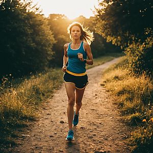 Woman Running on Scenic Dirt Trail in Blue Athletic Wear