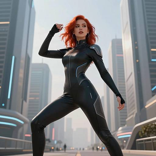 Futuristic Woman in Cyberpunk Black Bodysuit with Red Hair in Modern City
