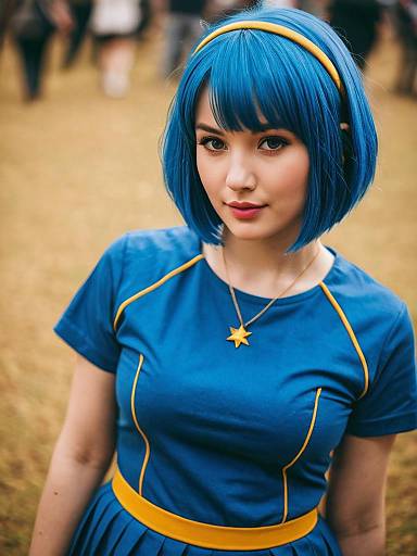 Woman in Blue Dress with Blue Hair and Star Necklace Outdoor Portrait