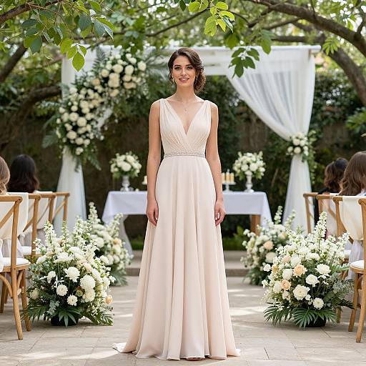 Elegant Bride in Sleeveless Wedding Gown at Outdoor Garden Ceremony