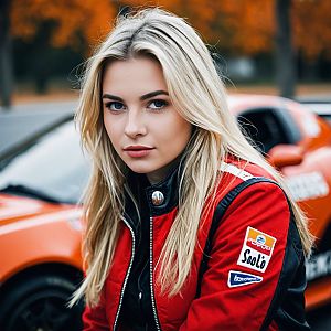 Confident Woman in Racing Jacket by Sports Car