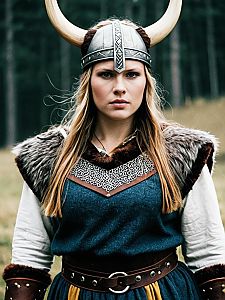 Woman in Viking Costume with Horned Helmet and Fur Trim in Forest