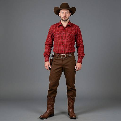 Man in Classic Cowboy Outfit with Red Plaid Shirt and Cowboy Hat