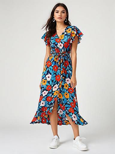 Vibrant Multicolor Floral Print Midi Dress with Flutter Sleeves for Women