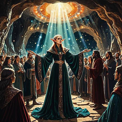 Majestic Elf Woman in Medieval Fantasy Cave Ceremony