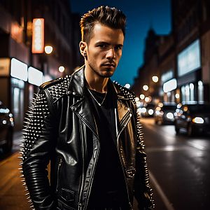 Confident Man in Leather Jacket on City Street at Night