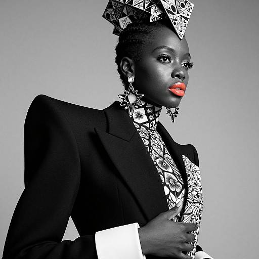 Avant-Garde Woman in Bold Structured Jacket and Artistic Headpiece