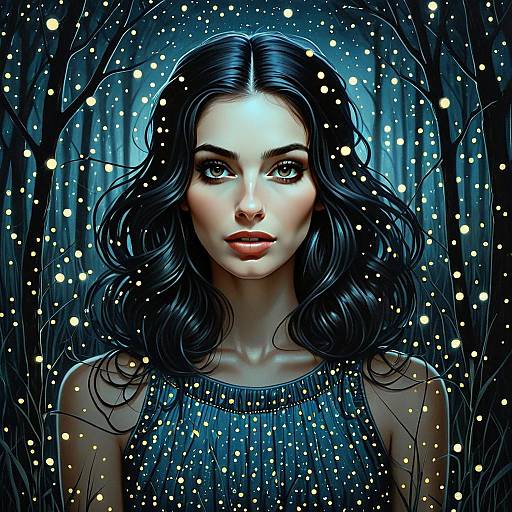Mystical Forest Woman Portrait with Glowing Orbs and Dark Hair