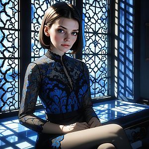 Young Woman by Window in Sheer Dress with Floral Embroidery