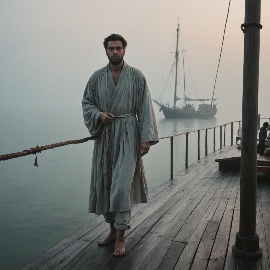 Man in Robe on Misty Dock with Vintage Sailboat