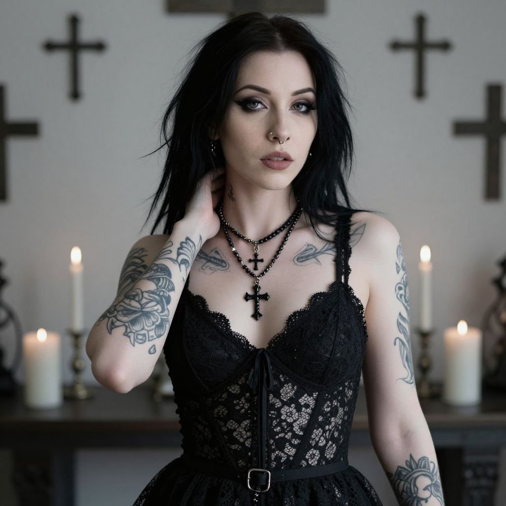 Gothic Woman with Tattoos and Crosses in Black Lace Dress