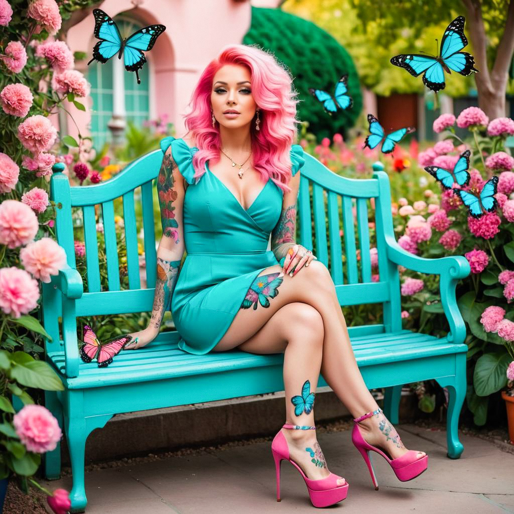 Stylish Woman with Pink Hair on Turquoise Bench in Floral Garden Stylish Woman with Pink Hair on Turquoise Bench in Floral Garden