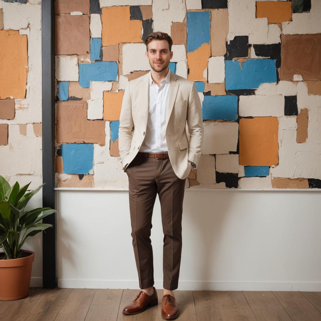 Stylish Man in Smart Casual Attire Against Abstract Wall