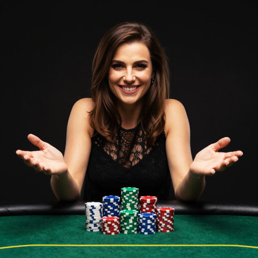 Confident Woman Winning Poker Game with Poker Chips on Table