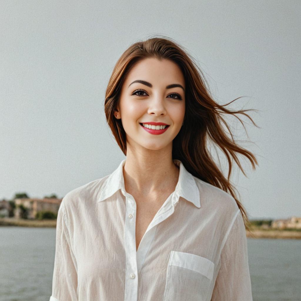 Woman in casual white shirt by water