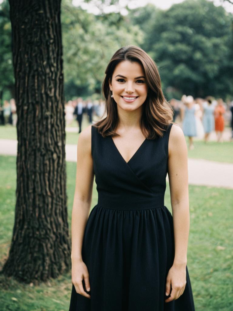 Woman in Elegant Black Dress Outdoors Wedding Guest Attire