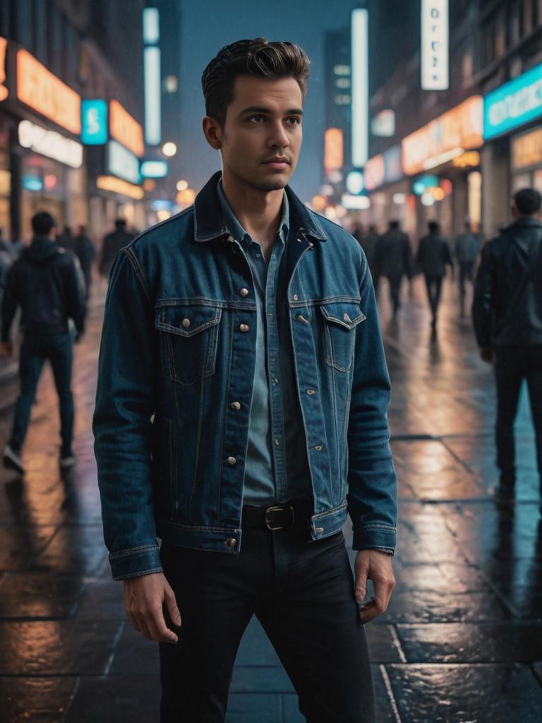 Confident Man in Bustling City at Dusk