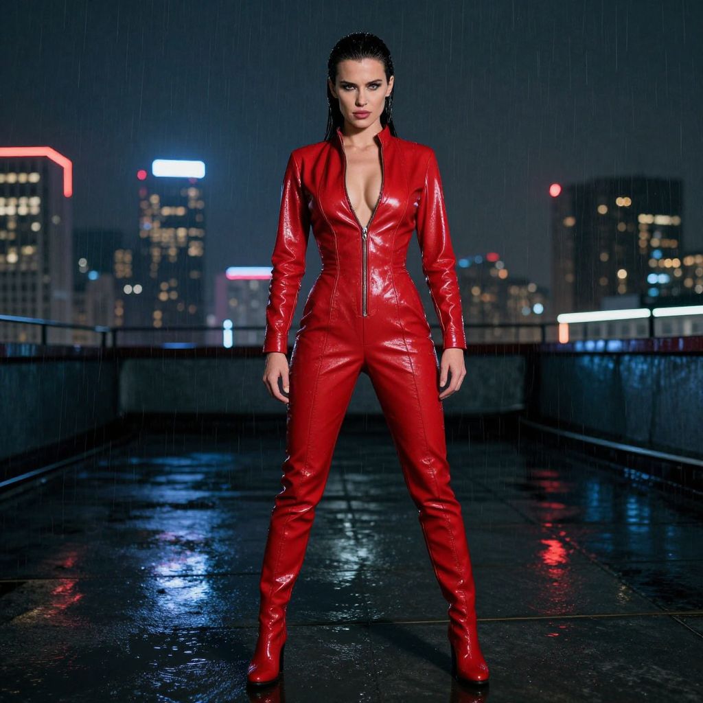 Woman in Red Leather Jumpsuit on Rainy Urban Rooftop at Night