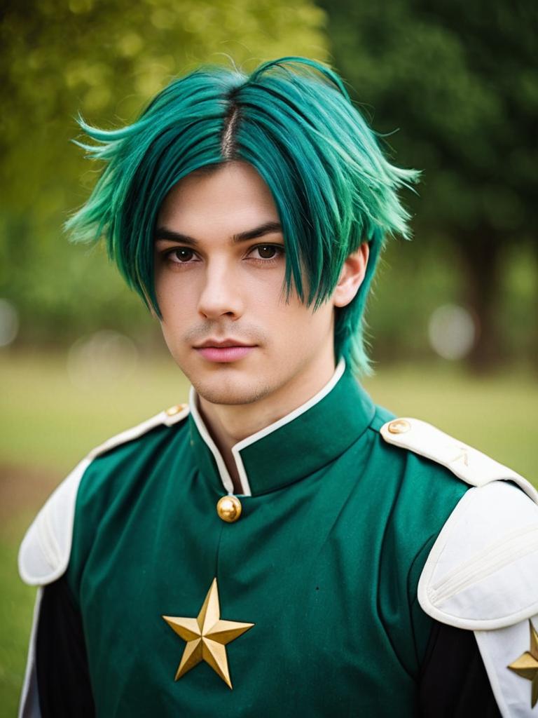 Young Man with Teal Hair in Green Military-Style Uniform Portrait
