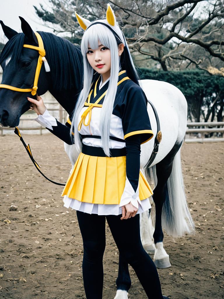 Calstone Light Umamusume Cosplay with Black and White Horse