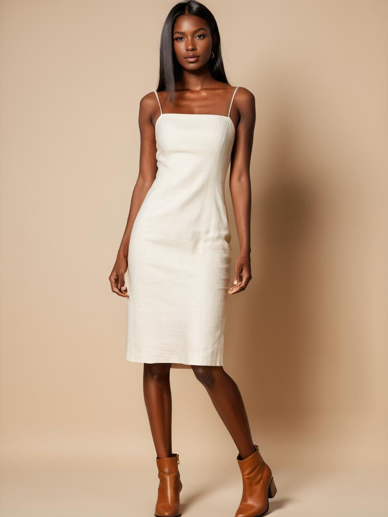 Elegant Woman in Minimalist White Dress and Brown Ankle Boots