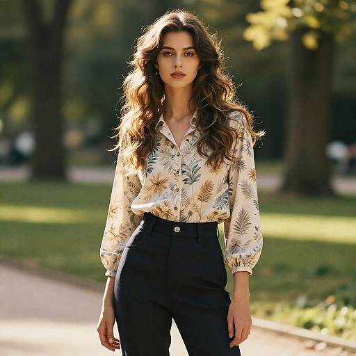 Woman in Floral Blouse and High-Waisted Pants Outdoors