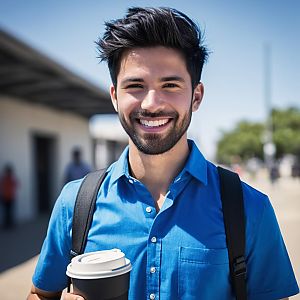 Smiling Young Man in Blue Shirt Holding Coffee Outdoors
