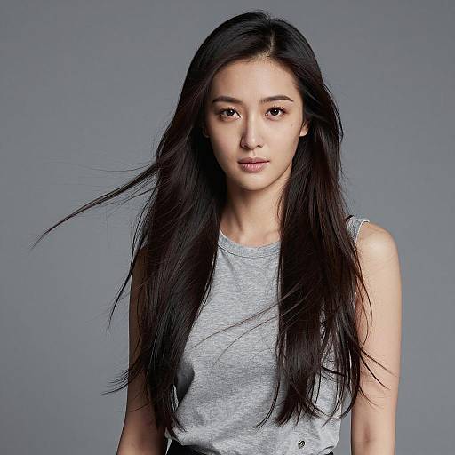 Portrait of Confident Gen Z Woman with Long Hair in Gray Top