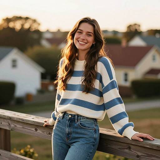 Gen Z Woman Wearing Striped Sweater Outdoors in Suburban Setting