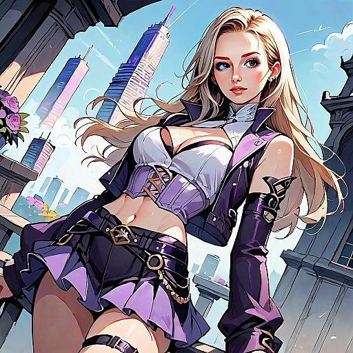 Anime Woman in Stylish Purple Outfit with Futuristic City Background