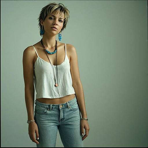Portrait of Stylish Young Woman in White Crop Top and Jeans
