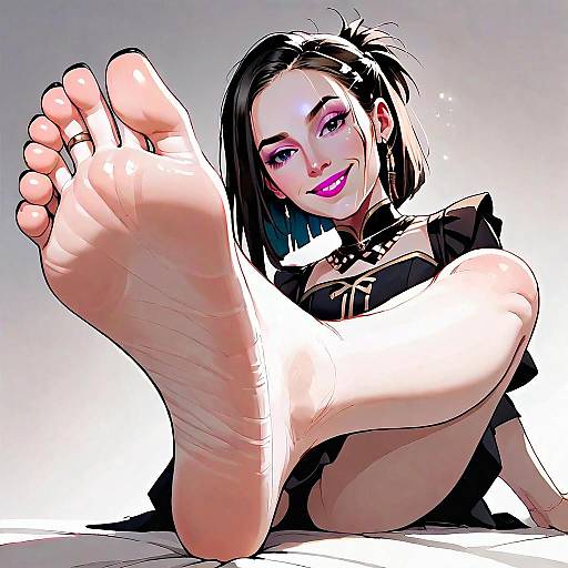 Stylish Young Woman Anime Artwork with Emphasized Bare Foot in Foreground