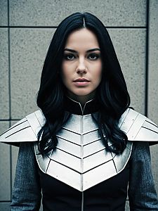 Realistic Woman in Alexander Anderson Cosplay Costume with Metallic Armor