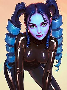 Woman with Green Eyes and Blue Skin in Glossy Black Outfit