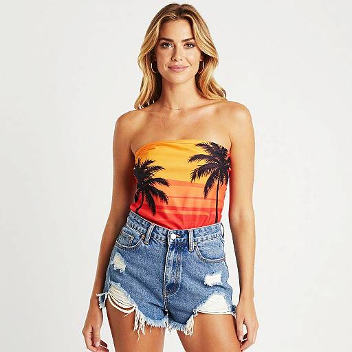 Trendy Summer Outfit with Palm Tree Print Top and Distressed Denim Shorts