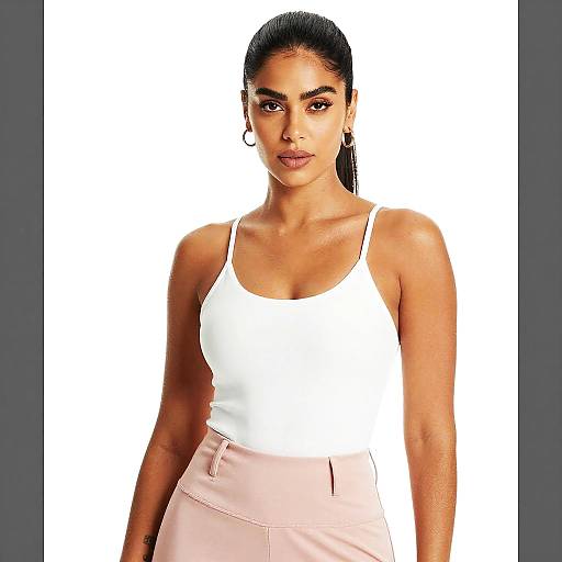 Confident Woman in White Spaghetti Strap Top and Pink Pants Fashion Portrait