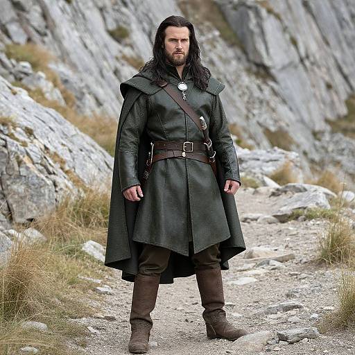Medieval Fantasy Warrior in Leather Cloak on Rocky Mountain Path