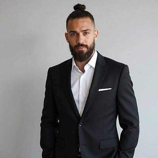 Confident Man in Black Suit with Beard and Top Knot Hairstyle