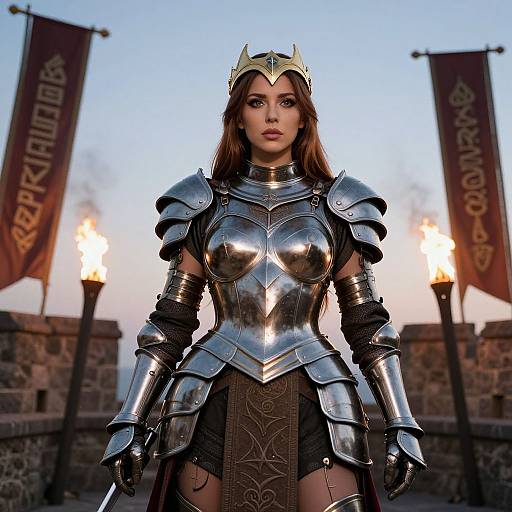 Woman Warrior in Shining Medieval Armor with Crown at Castle Courtyard