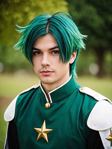 Young Man with Teal Hair in Green Military-Style Uniform Portrait