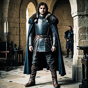 Confident Medieval Warrior in Stone Hall