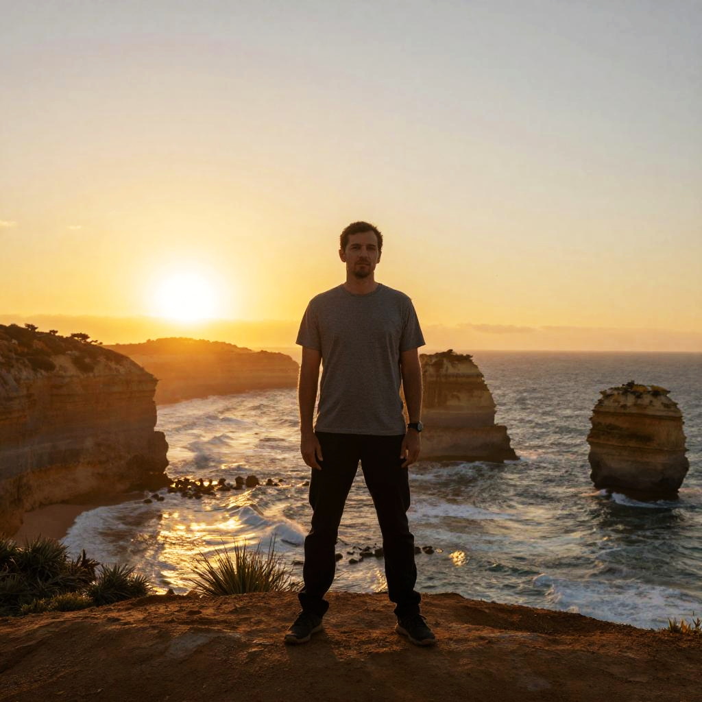 Man Standing on Cliff at Golden Sunset with Coastal Rock Formations