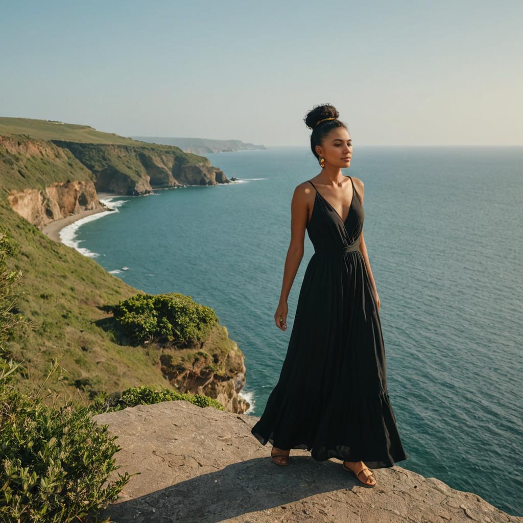 Woman in Black Dress on Coastal Cliff