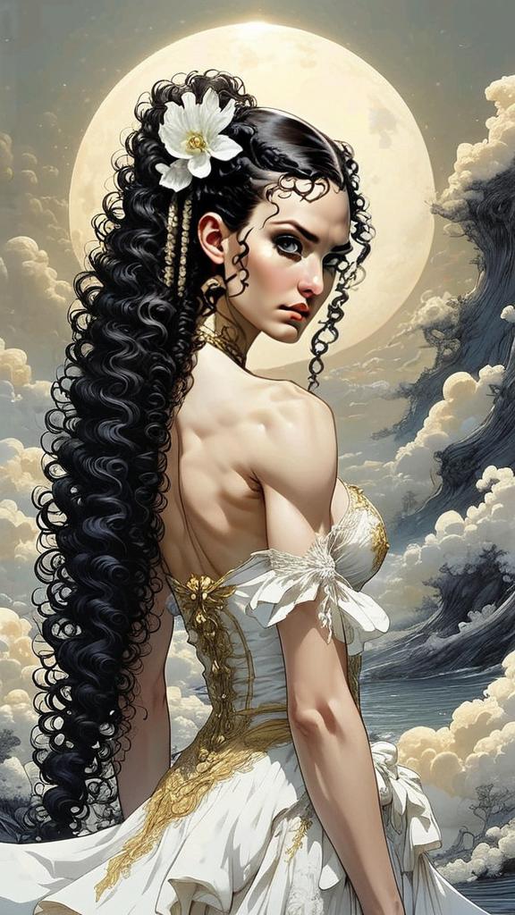 Portrait of a Woman with Black Hair and Moonlit Sky Portrait of a Woman with Black Hair and Moonlit Sky
