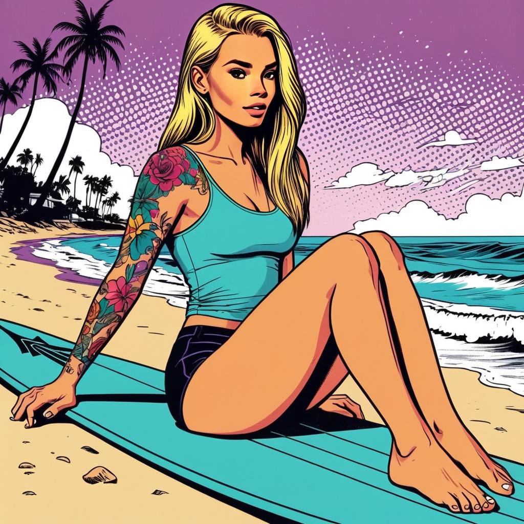 Pop Art Blonde Woman with Floral Tattoos Sitting on Surfboard at Beach