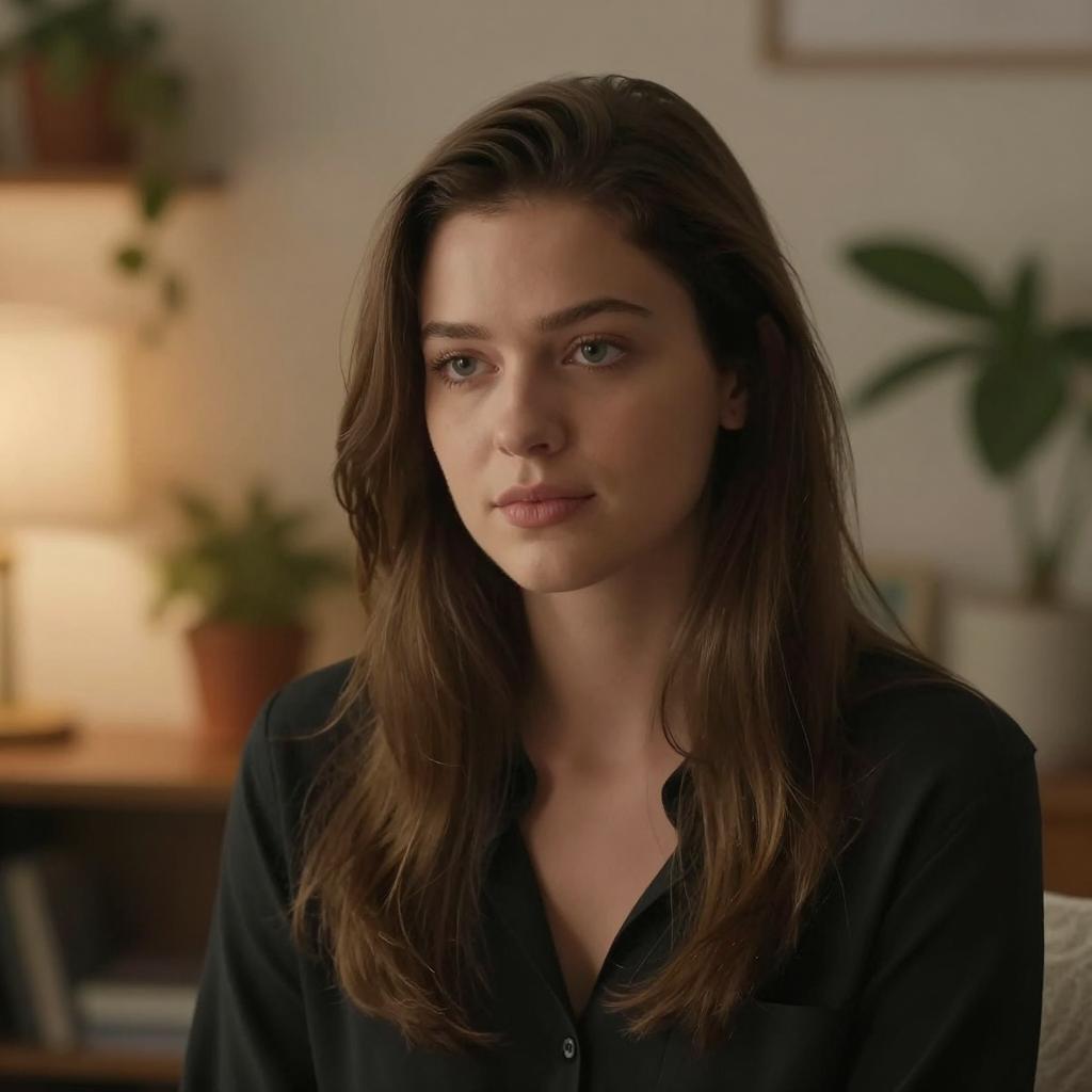 Portrait of Young Woman with Long Hair in Cozy Indoor Setting