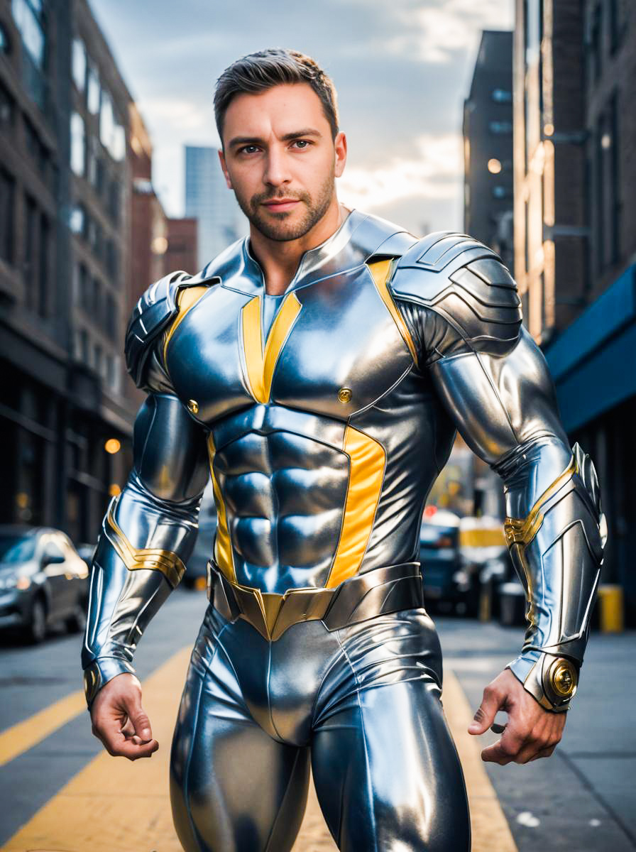 Muscular Man in Futuristic Metallic Armor