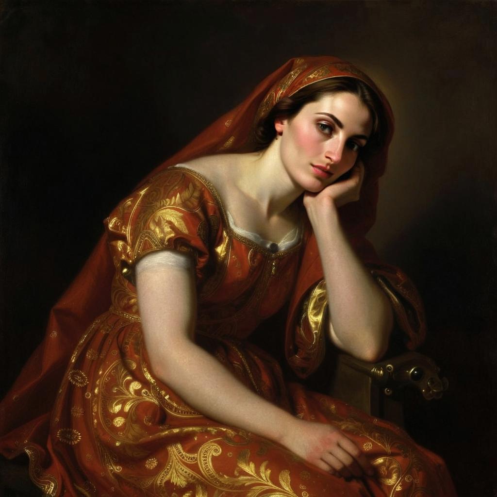 Portrait of Woman in Ornate Renaissance Style Red and Gold Dress