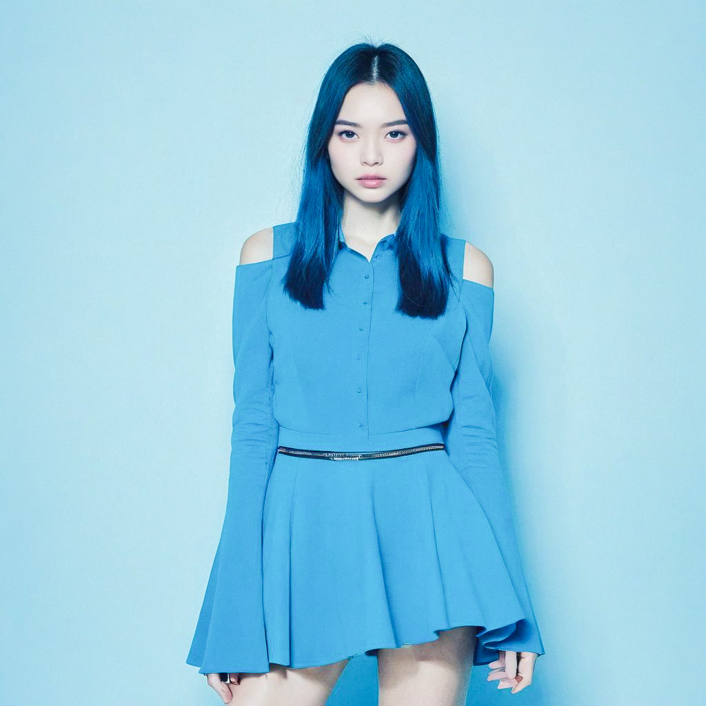 Woman in Cold-Shoulder Blue Dress Against Light Blue Background Woman in Cold-Shoulder Blue Dress Against Light Blue Background