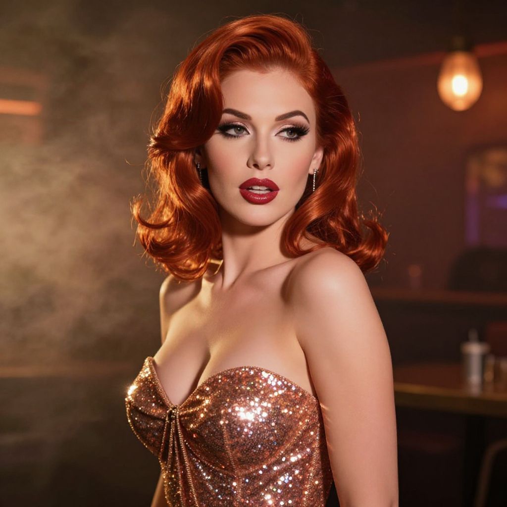 Glamorous Redhead Woman in Sequin Dress Vintage Style Portrait